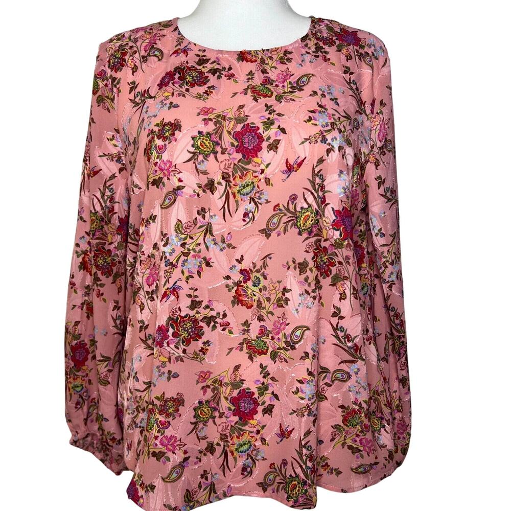 Loft Womens Blouse Jacquard L Satin Pink Floral Long Sleeve Church Work Cottage
